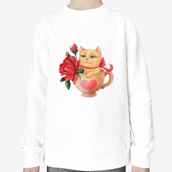 Свитшот «Акварельная иллюстрация Котик в чашке с красными цветами»