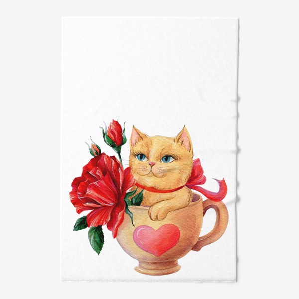 Полотенце «Акварельная иллюстрация Котик в чашке с красными цветами»