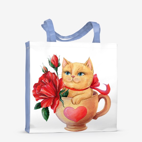 Сумка-шоппер «Акварельная иллюстрация Котик в чашке с красными цветами»