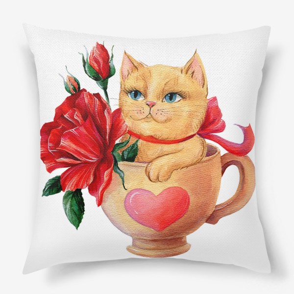 Подушка «Акварельная иллюстрация Котик в чашке с красными цветами»