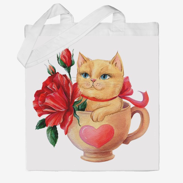 Сумка хб «Акварельная иллюстрация Котик в чашке с красными цветами»