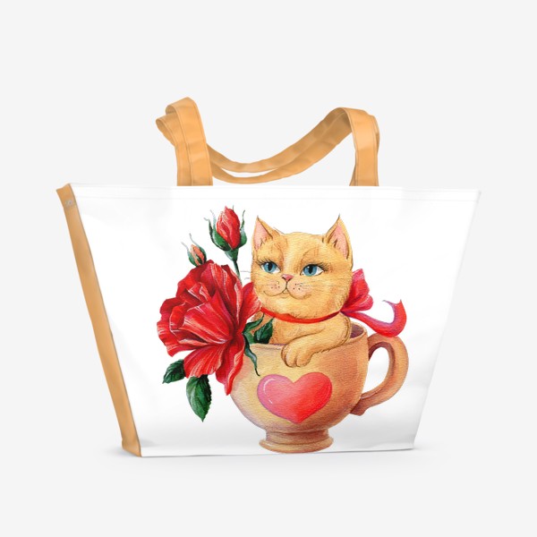Пляжная сумка &laquo;Акварельная иллюстрация Котик в чашке с красными цветами&raquo;