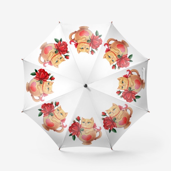Зонт «Акварельная иллюстрация Котик в чашке с красными цветами»