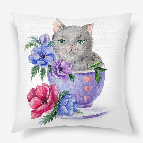 Подушка «Акварельная иллюстрация Котик в чашке с цветами»
