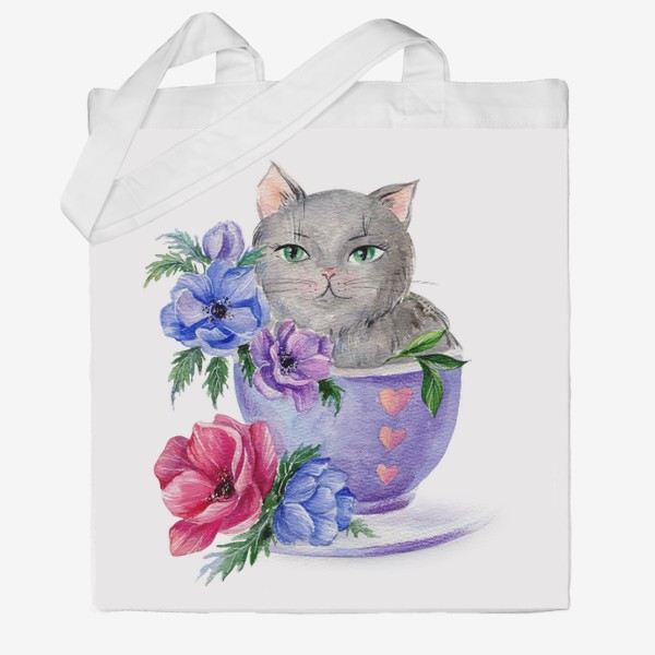 Сумка хб «Акварельная иллюстрация Котик в чашке с цветами»