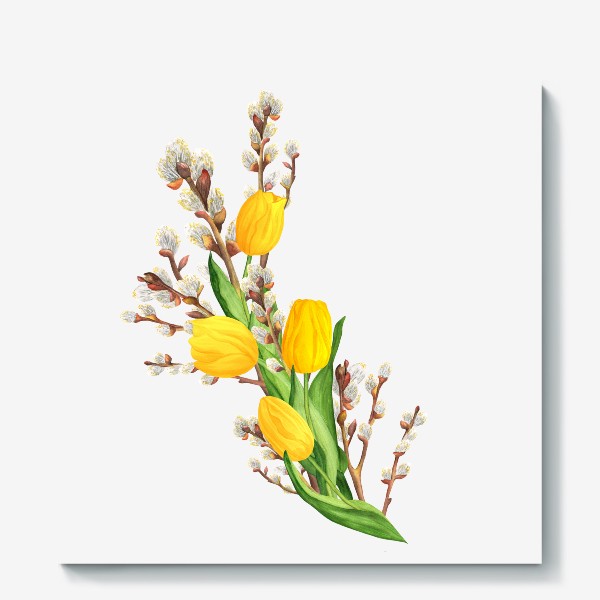 Холст «Желтые тюльпаны с вербой»