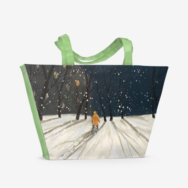 Пляжная сумка «Зимний пейзаж прогулка в снегопад »