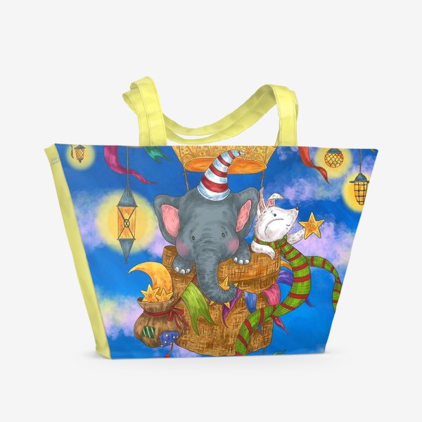 Пляжная сумка «Милый слон и собака на воздушном шаре летят»