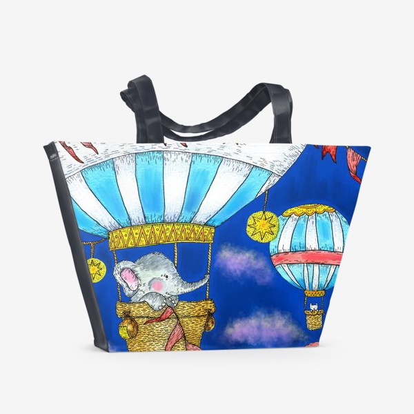 Пляжная сумка «Милые животные собака и слон на воздушном шаре »