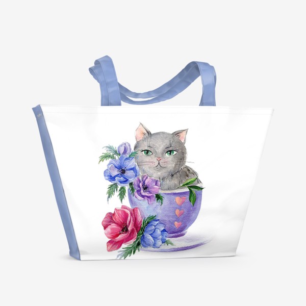 Пляжная сумка «Акварельная иллюстрация Котик в чашке с цветами»