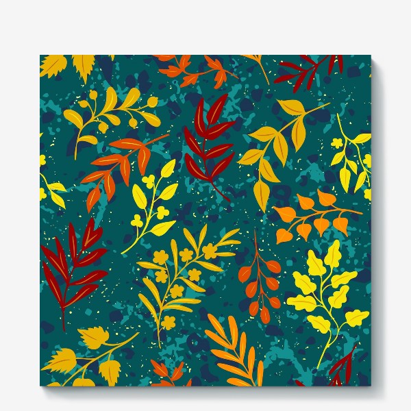 Холст «Яркие осенние листья и ветки, винтажный паттерн, рисунок от руки на текстурном сине-голубом фоне»