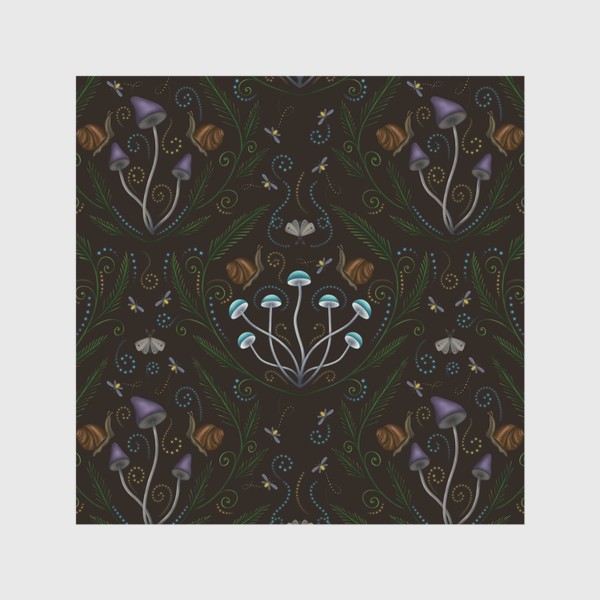 Скатерть «Волшебный лес, грибы, улитки, мотыльки - паттерн»