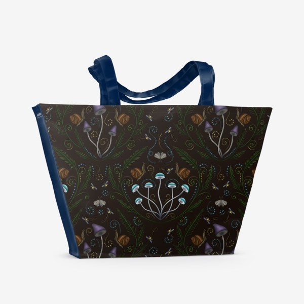 Пляжная сумка «Волшебный лес, грибы, улитки, мотыльки - паттерн»