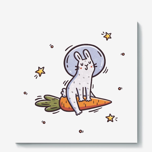 Холст &laquo;Милый заяц космонавт летит на морковке. Космос. Звезды&raquo;