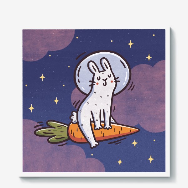 Холст «Милый заяц космонавт летит на морковке. Космос. Звезды. Розовые облака»