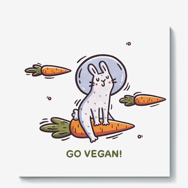 Холст «Милый заяц космонавт летит на морковке. Космос. Звезды. Go vegan!»