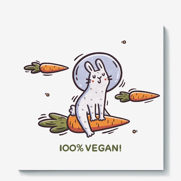 Холст «Милый заяц космонавт летит на морковке. Космос. Звезды. 100% vegan»