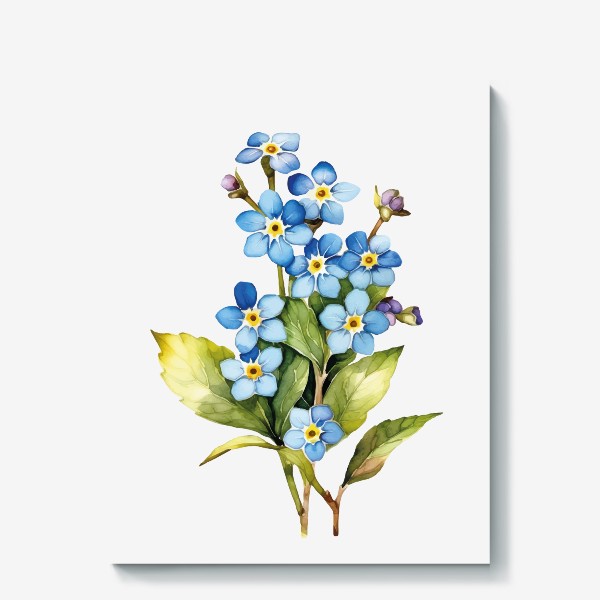 Холст «Букет с голубыми незабутками акварелью, акварельные цветы»