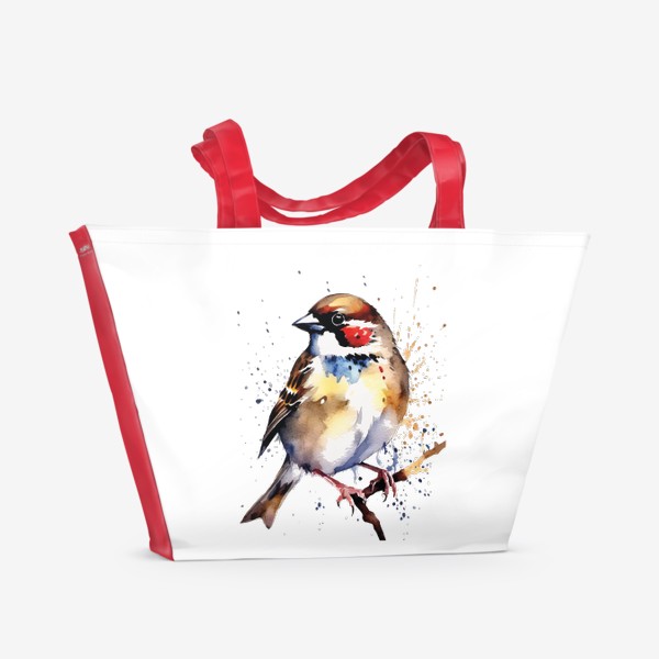 Пляжная сумка «Птица. Воробей на ветке акварелью с брызгами»