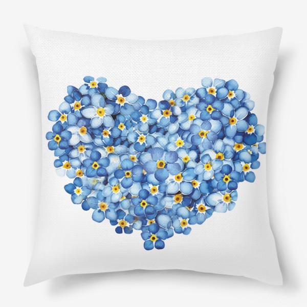 Подушка «Сердечко из цветов, синих незабудок, акварелью»