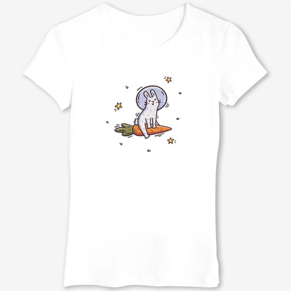 Футболка &laquo;Милый заяц космонавт летит на морковке. Космос. Звезды&raquo;