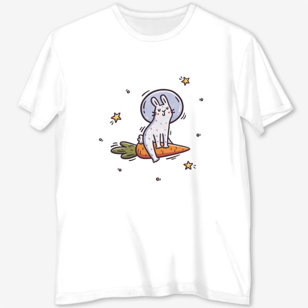 Футболка с полной запечаткой «Милый заяц космонавт летит на морковке. Космос. Звезды»