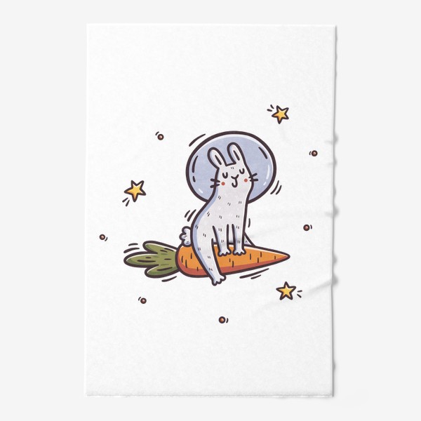 Полотенце «Милый заяц космонавт летит на морковке. Космос. Звезды»