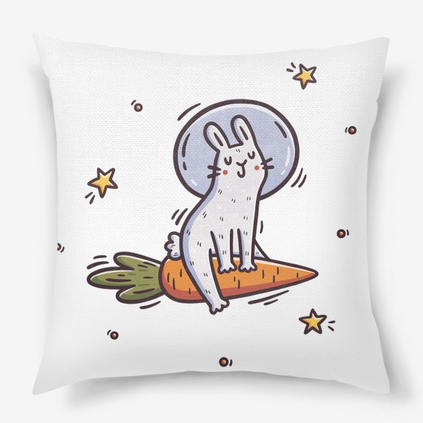 Подушка &laquo;Милый заяц космонавт летит на морковке. Космос. Звезды&raquo;