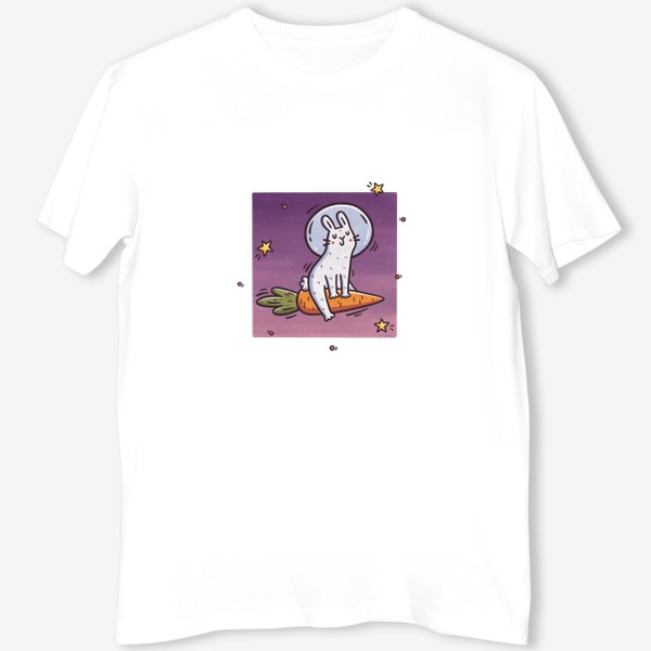 Футболка &laquo;Милый заяц космонавт летит на морковке. Космос. Звезды. На фоне заката&raquo;