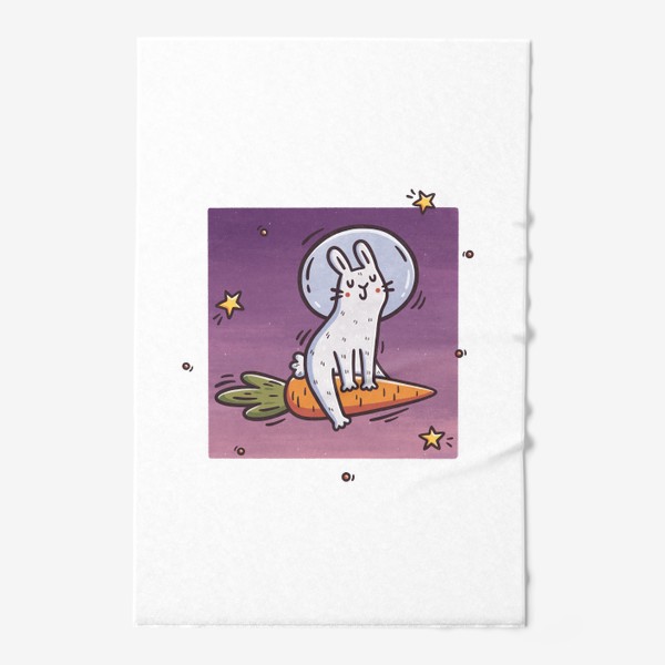 Полотенце «Милый заяц космонавт летит на морковке. Космос. Звезды. На фоне заката»