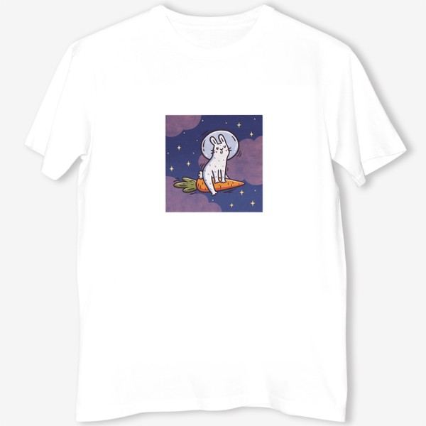 Футболка «Милый заяц космонавт летит на морковке. Космос. Звезды. Розовые облака»