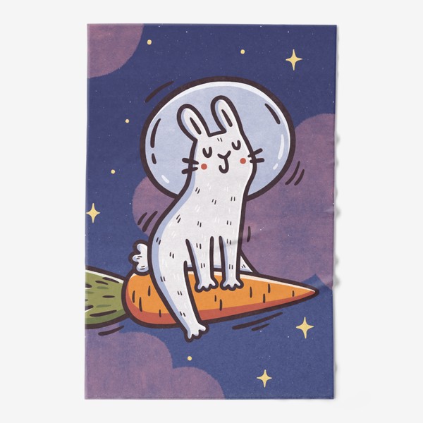 Полотенце «Милый заяц космонавт летит на морковке. Космос. Звезды. Розовые облака»