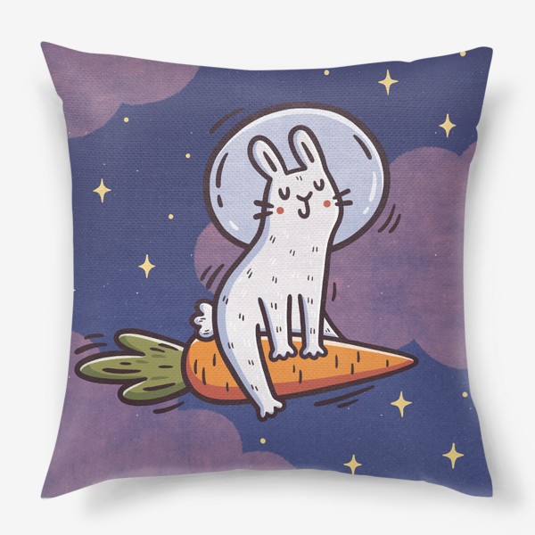 Подушка «Милый заяц космонавт летит на морковке. Космос. Звезды. Розовые облака»