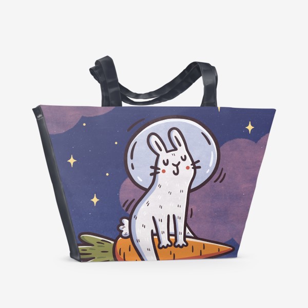 Пляжная сумка «Милый заяц космонавт летит на морковке. Космос. Звезды. Розовые облака»