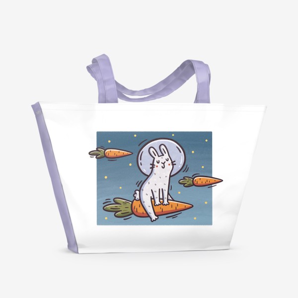 Пляжная сумка «Милый заяц космонавт летит на морковке. Небо. Звезды»