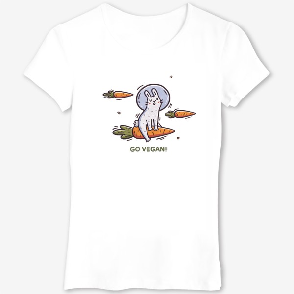 Футболка «Милый заяц космонавт летит на морковке. Космос. Звезды. Go vegan!»