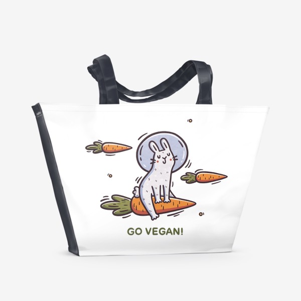 Пляжная сумка «Милый заяц космонавт летит на морковке. Космос. Звезды. Go vegan!»