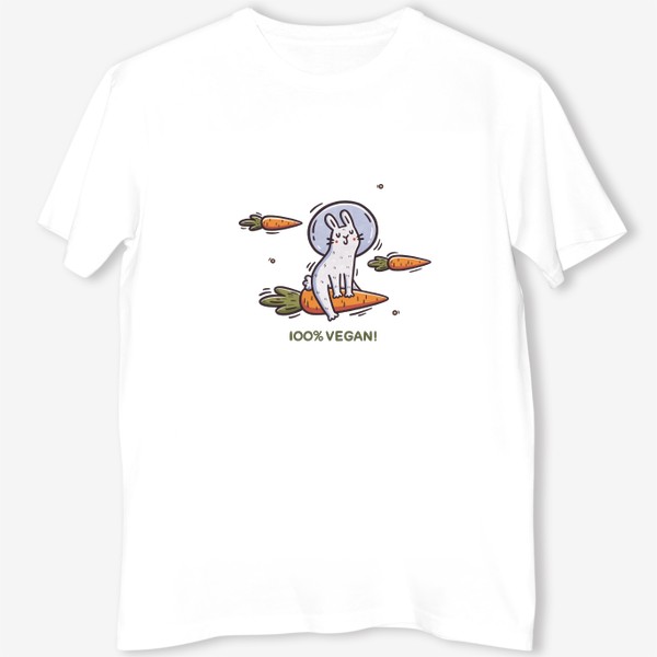 Футболка &laquo;Милый заяц космонавт летит на морковке. Космос. Звезды. 100% vegan&raquo;
