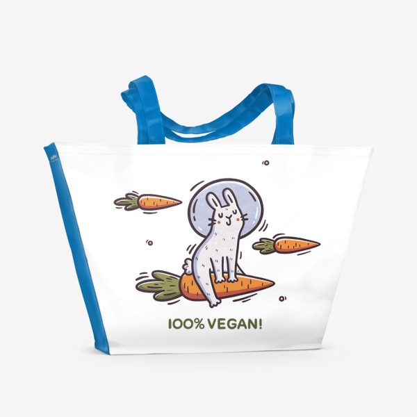 Пляжная сумка «Милый заяц космонавт летит на морковке. Космос. Звезды. 100% vegan»