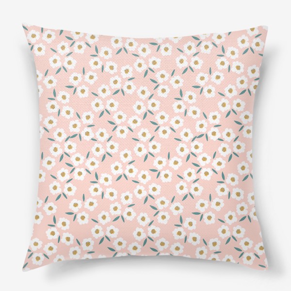 Подушка «Паттерн с ромашками. Мелкие цветы на розовом.»