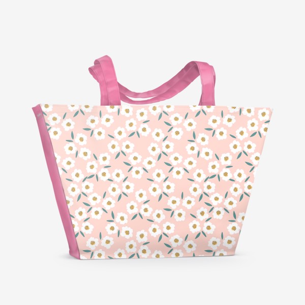Пляжная сумка «Паттерн с ромашками. Мелкие цветы на розовом.»
