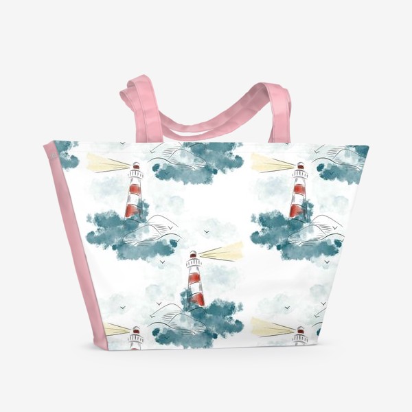 Пляжная сумка «Маяки и волны в акварели - паттерн»