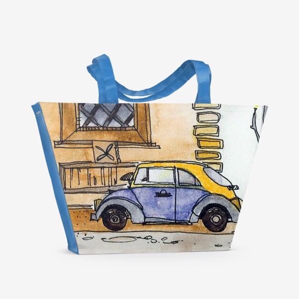 Пляжная сумка &laquo;Ретро машина на фоне дома , скетч &raquo;