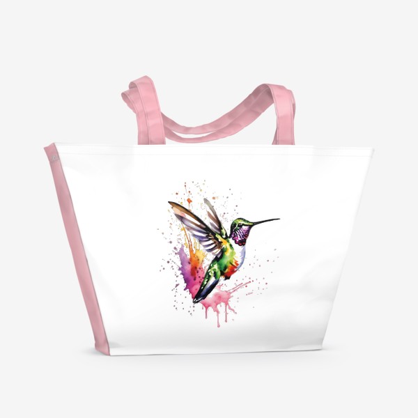 Пляжная сумка «Птица. Колибри летит акварелью с брызгами»