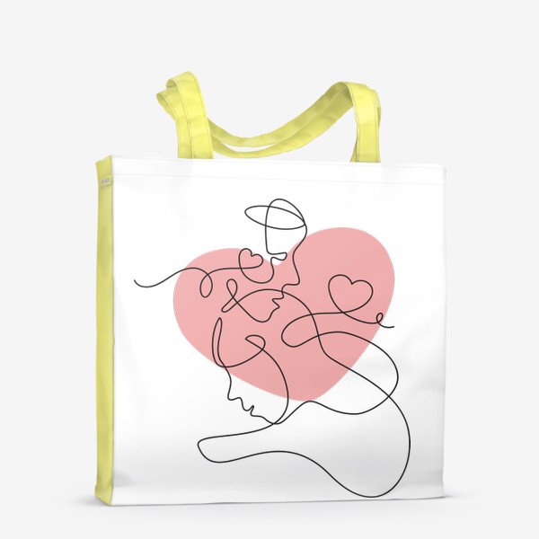 Сумка-шоппер «Влюблённая пара одной линией на фоне большого розового сердца»