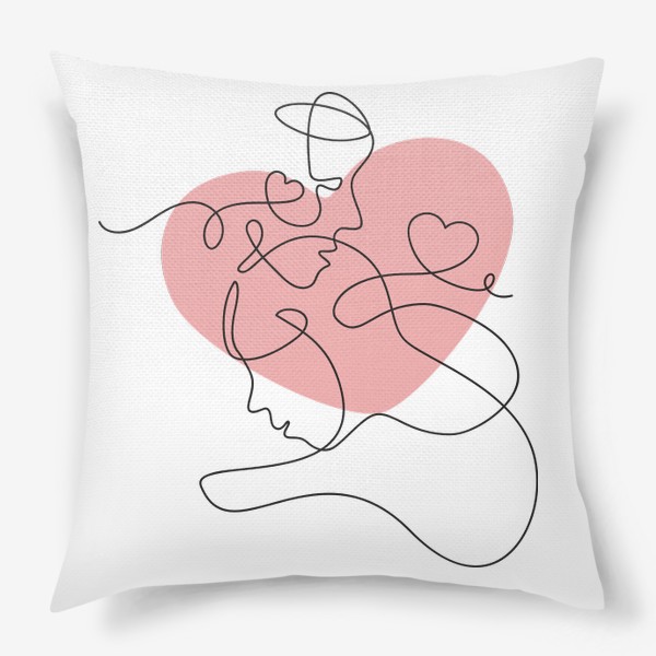 Подушка «Влюблённая пара одной линией на фоне большого розового сердца»
