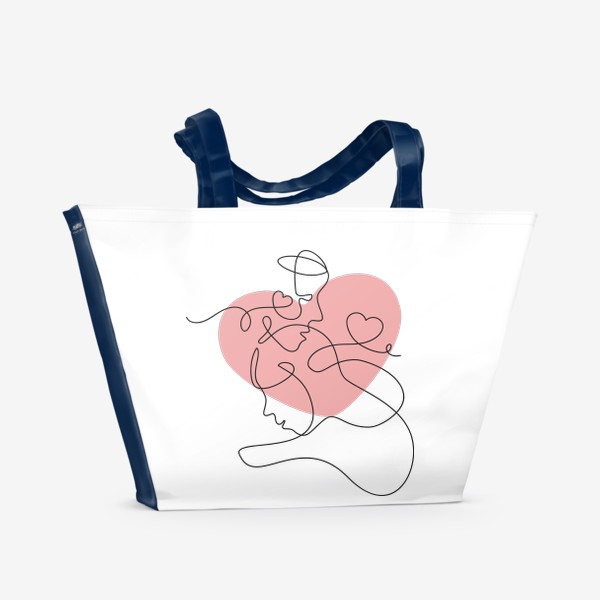 Пляжная сумка «Влюблённая пара одной линией на фоне большого розового сердца»