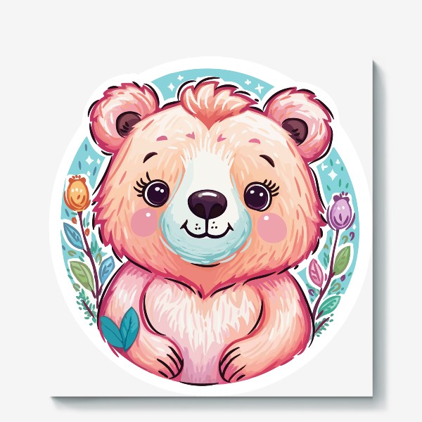 Холст «Забавный розовый медвежонок с цветами, милый мишка медведь, принт для ребенка, для девочки, аниме кавай медведь»