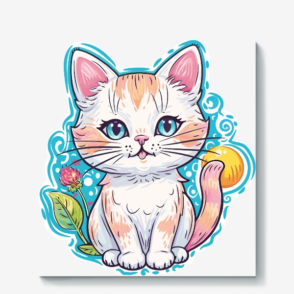 Холст «Милый белый голубоглазый котенок, прикольный аниме мультяшный котик, детский принт с красивой кошечкой»