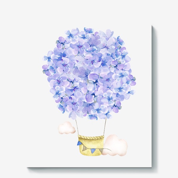 Холст «Красивый акварельный воздушный шар из цветов сиреневой гортензии, фиолетовый букет, голубые цветочки, небо и облака»